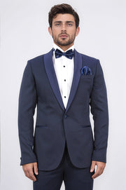 Slim fit şal yaka lacivert desenli takım elbise